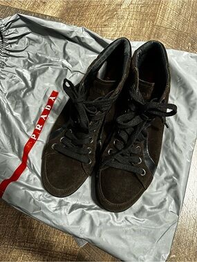 Prada Men’s Brown Suede High-Top Sneakers with Black Laces
